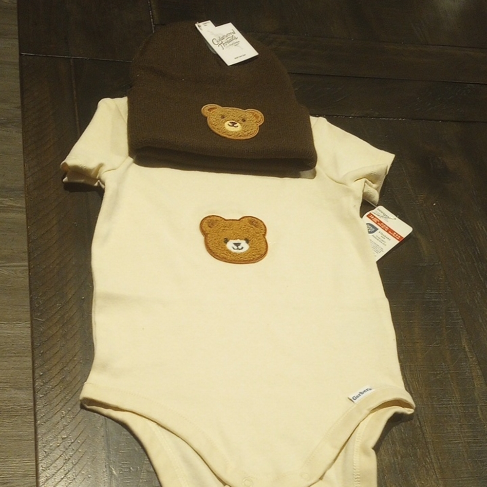 Gerber Cream Onesie and Brown Hat Set